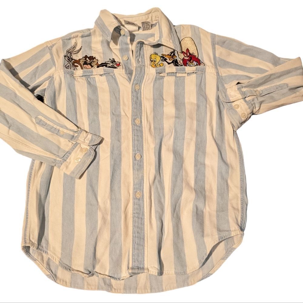 Warner Brothers Looney Tunes vintage blue& white striped embroidered top YM